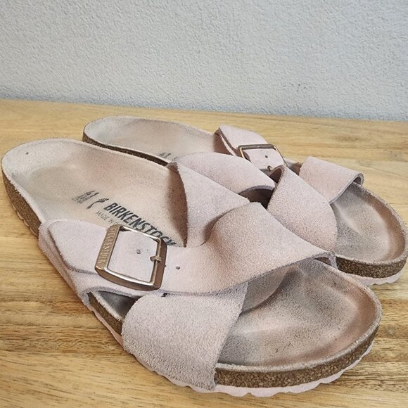 Birkenstock Sandals Womens Size 10 EU41 Pink Siena Big Buckle Suede Slides Cork - Picture 8 of 11